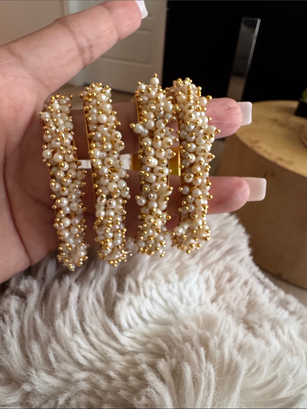 Gold Kundan Style Women's Pearl Bangle Set - Elegant Indian Jewelry